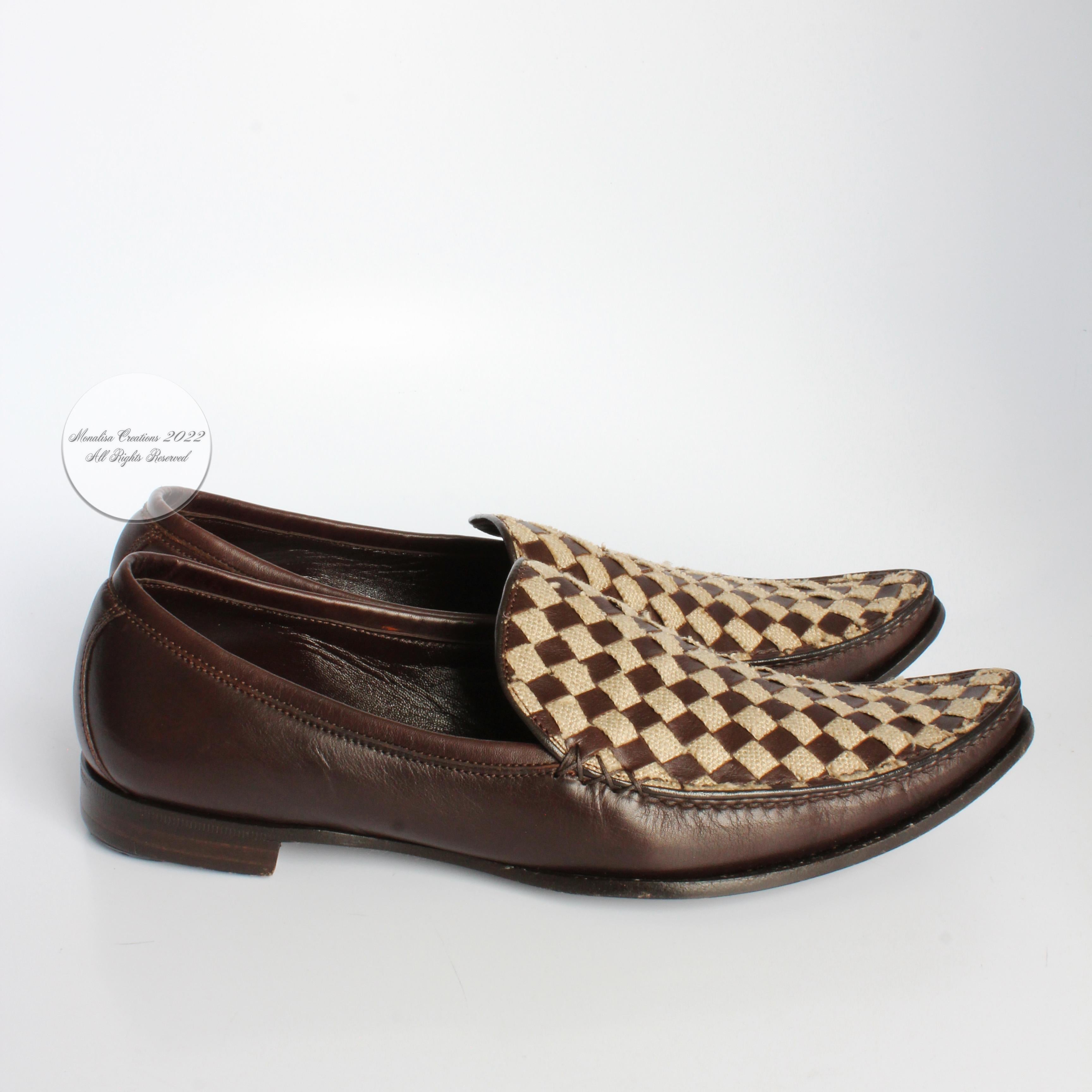 Black Bottega Veneta Loafers Brown Woven Leather and Canvas Flats Size 38.5 