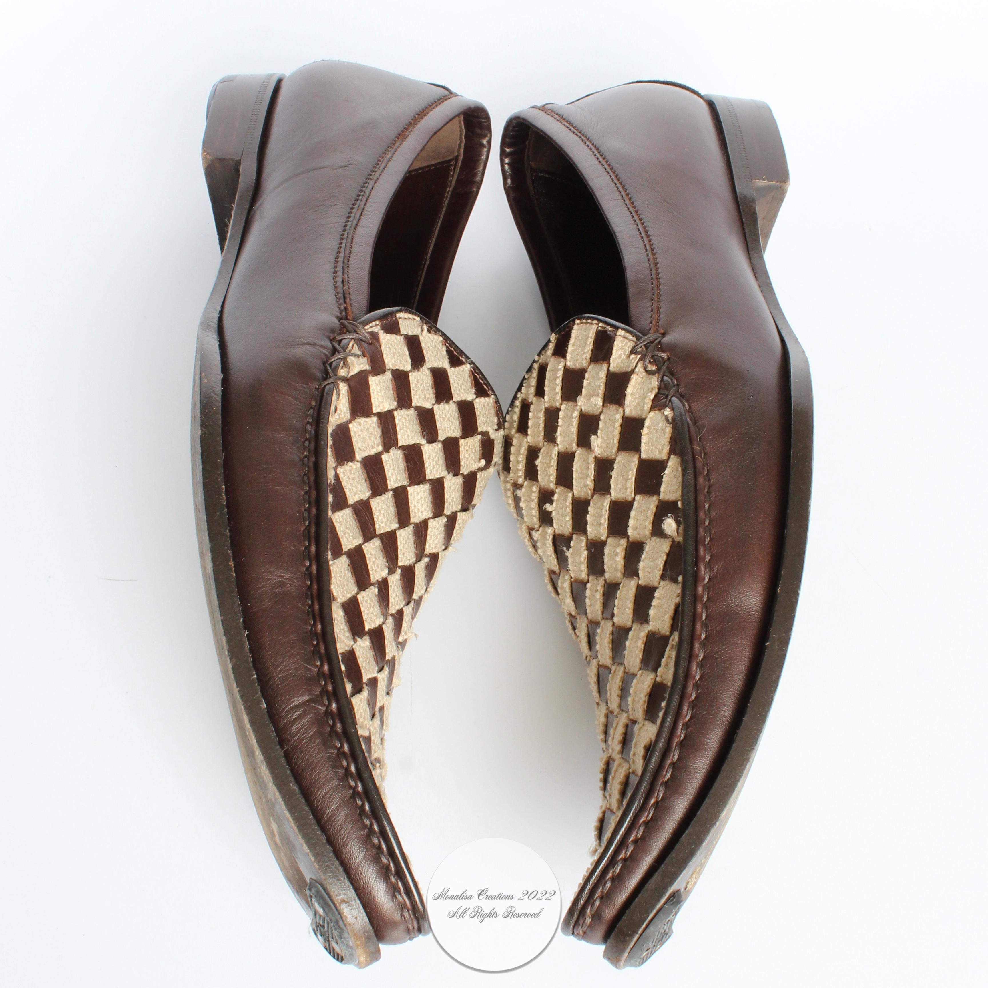 Bottega Veneta Loafers Brown Woven Leather and Canvas Flats Size 38.5  In Good Condition In Port Saint Lucie, FL