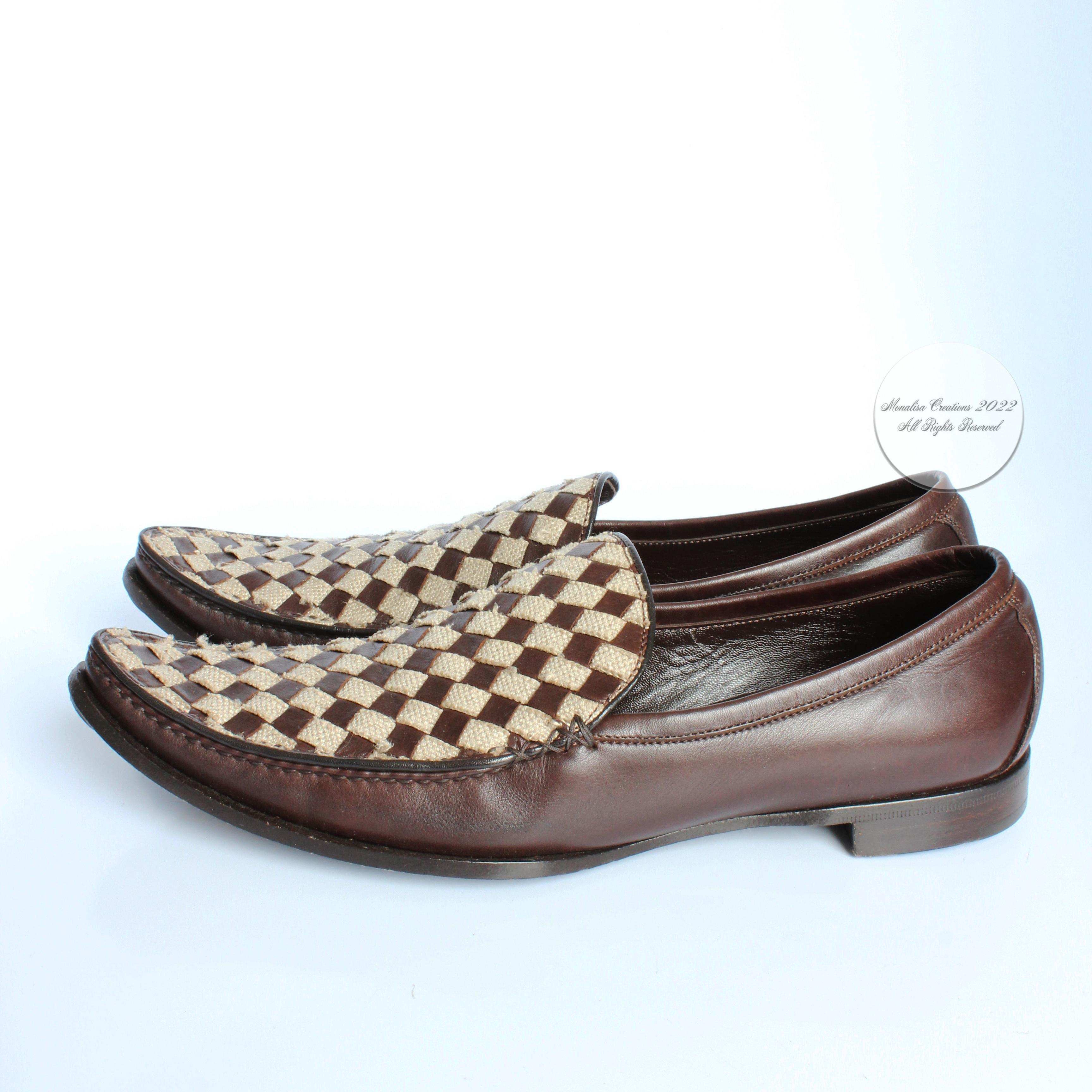 Bottega Veneta Loafers Brown Woven Leather and Canvas Flats Size 38.5  1