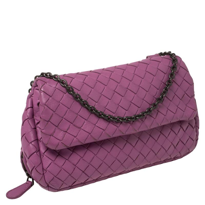 Pink Bottega Veneta Magenta Intrecciato Leather Flap Chain Shoulder Bag