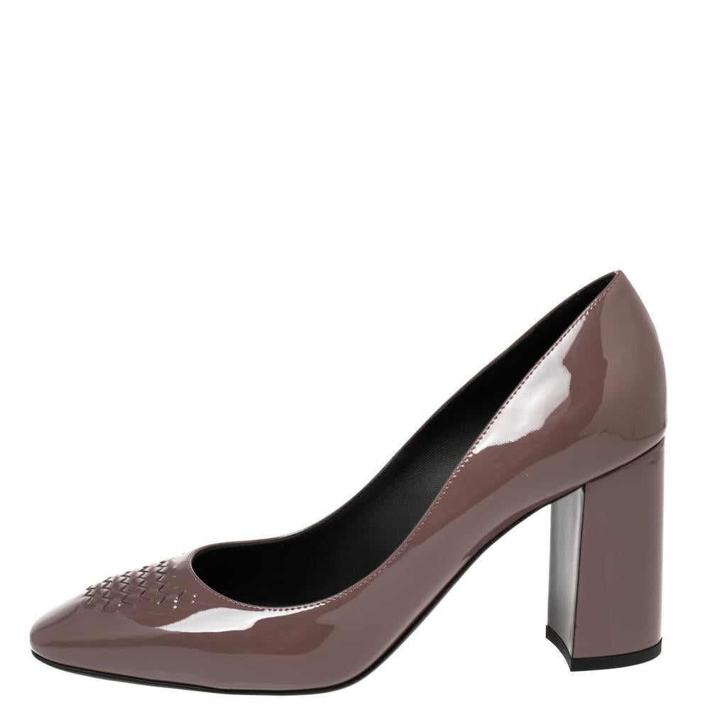 Women's Bottega Veneta Mauve Patent Leather Intrecciato Block Heel Pumps Size 39.5