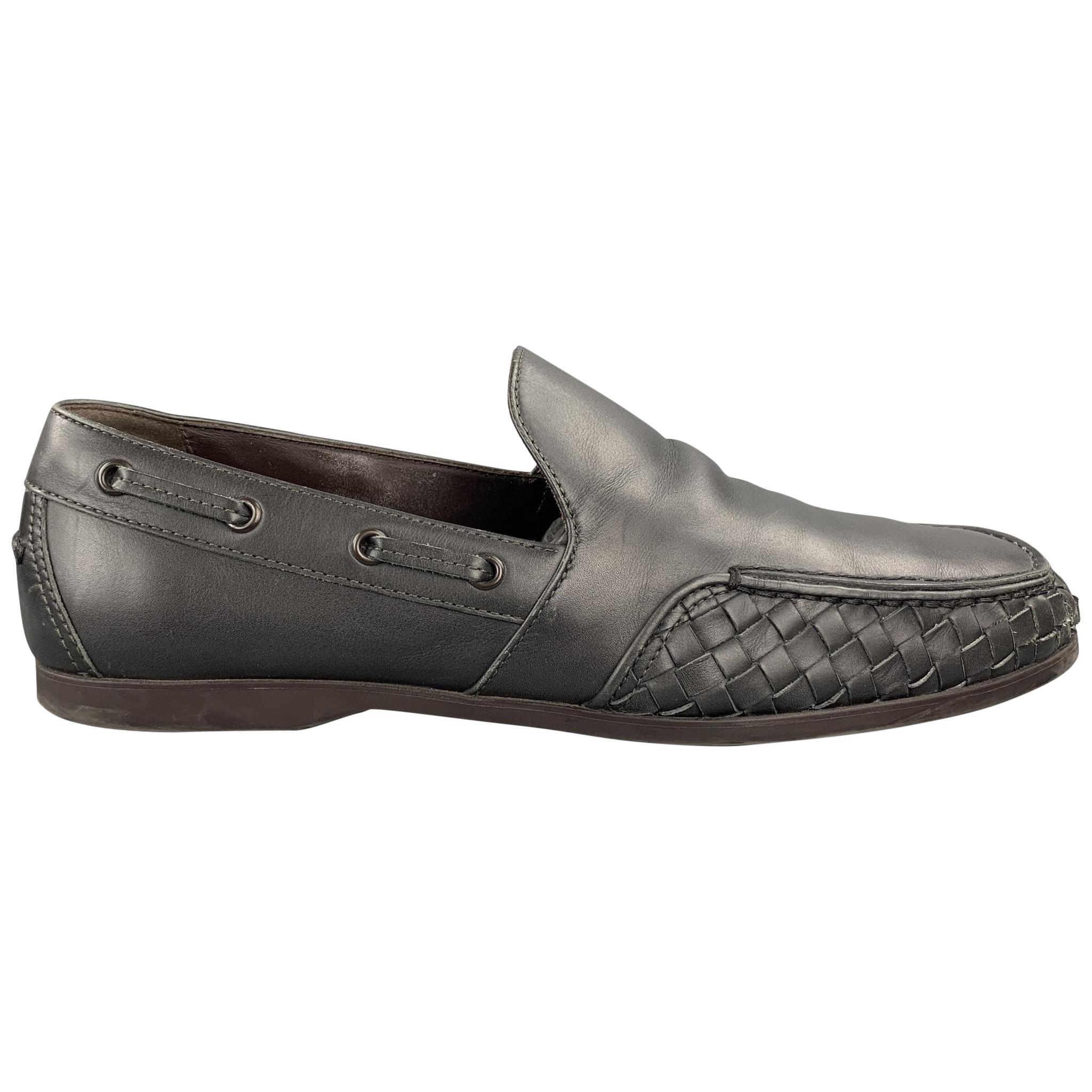 BOTTEGA VENETA Men's Size 11 Charcoal Woven Leather Slip On Loafers