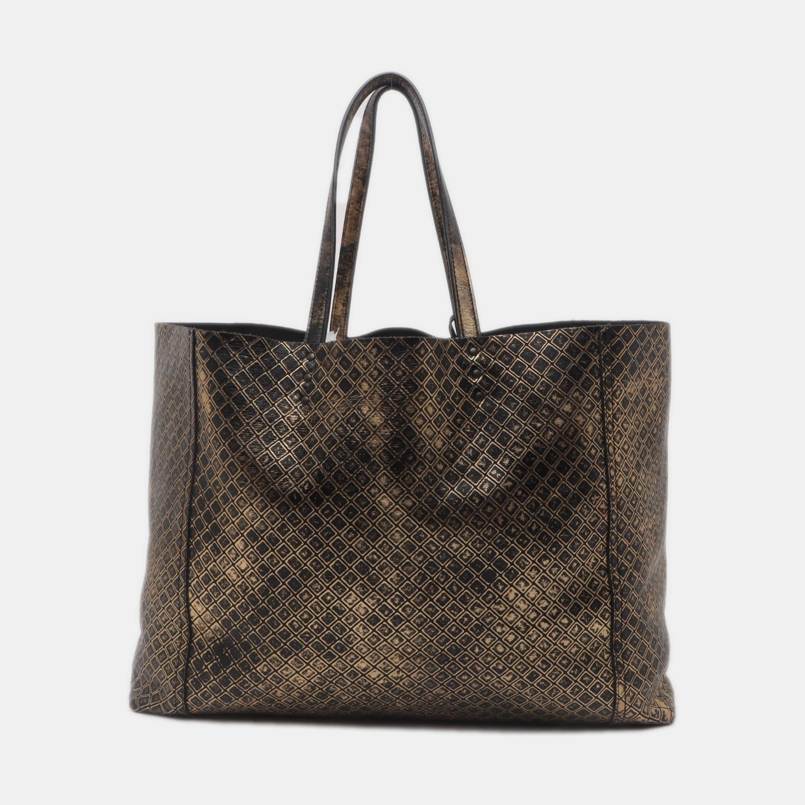 Women's Bottega Veneta Metallic Black Gold Intrecciomirage Leather Tote Bag