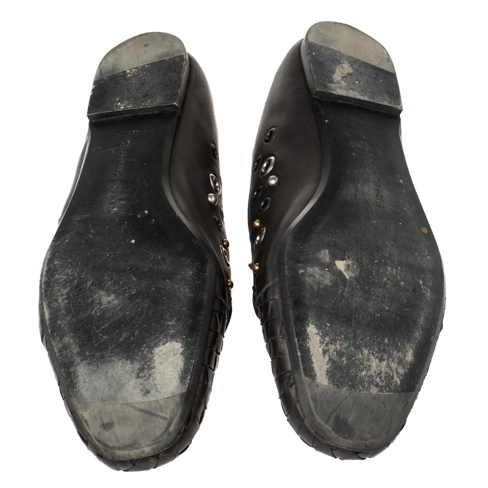 Women's Bottega Veneta Metallic Black Intrecciato Leather Studded Loafers Size 39