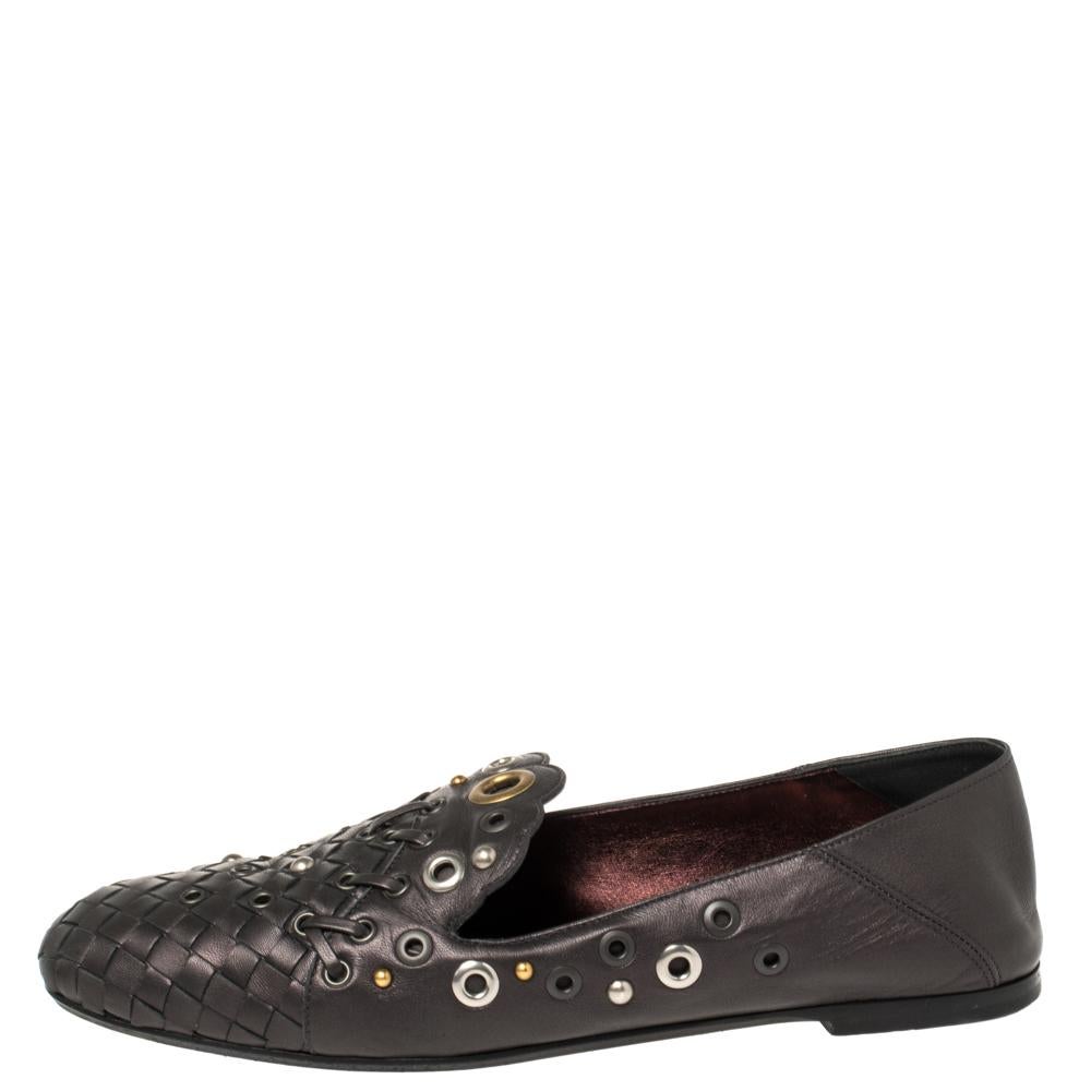 Bottega Veneta Metallic Black Intrecciato Leather Studded Loafers Size 39 1