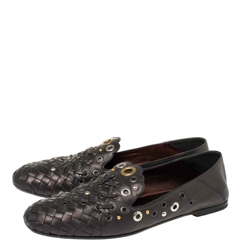 Bottega Veneta Metallic Black Intrecciato Leather Studded Loafers Size 39 2