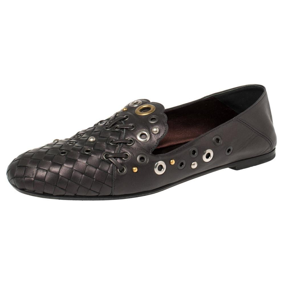Bottega Veneta Metallic Black Intrecciato Leather Studded Loafers Size 39