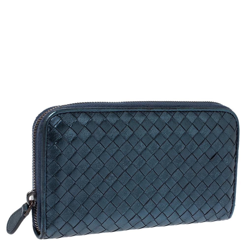 Black Bottega Veneta Metallic Blue Intrecciato Leather Zip Around Wallet