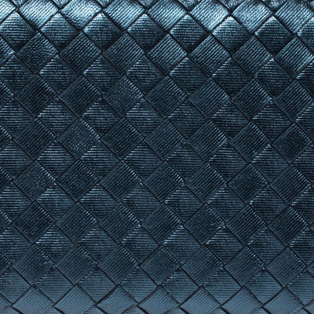 Women's Bottega Veneta Metallic Blue Intrecciato Leather Zip Around Wallet
