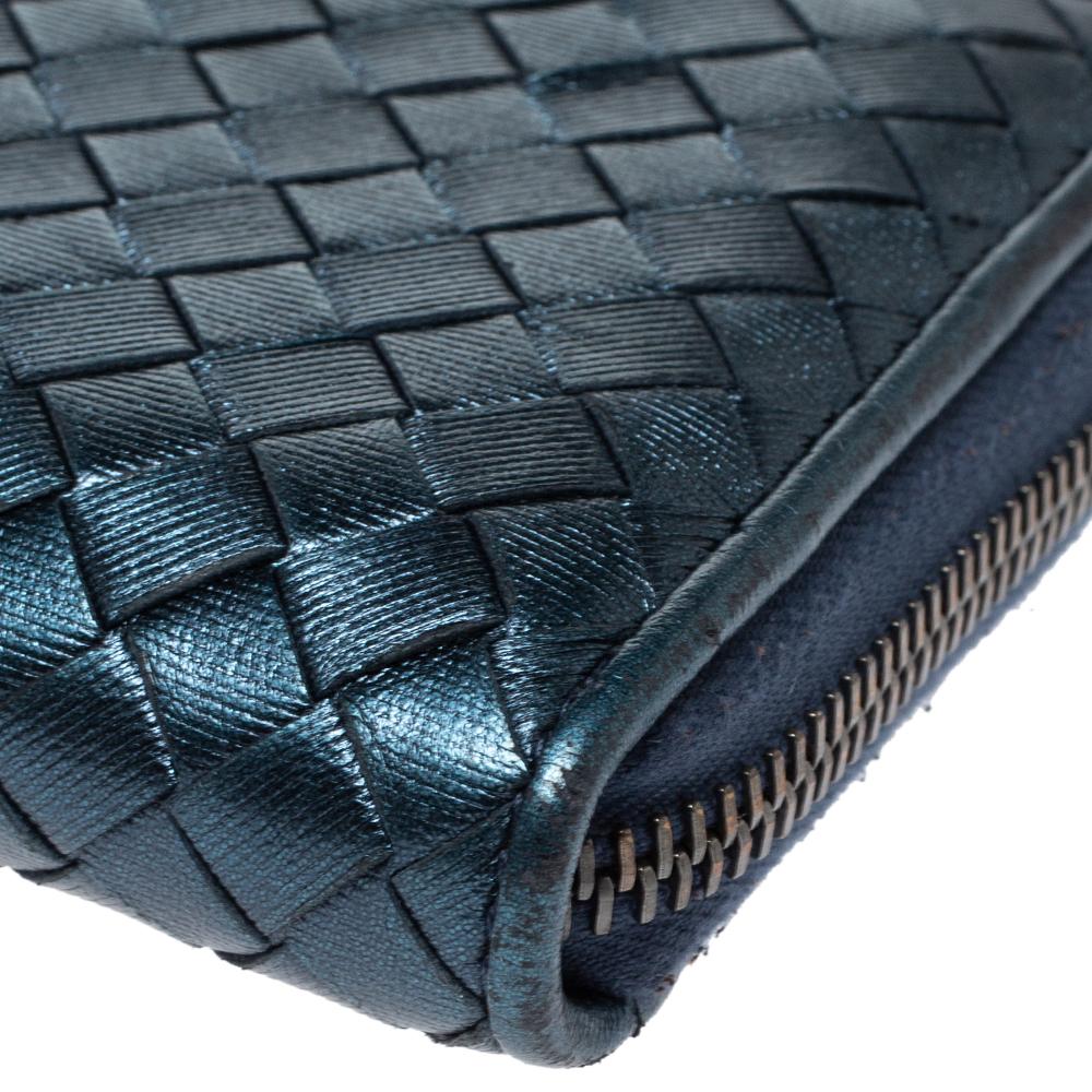 Bottega Veneta Metallic Blue Intrecciato Leather Zip Around Wallet 2