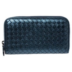 Bottega Veneta Metallic Blue Intrecciato Leather Zip Around Wallet