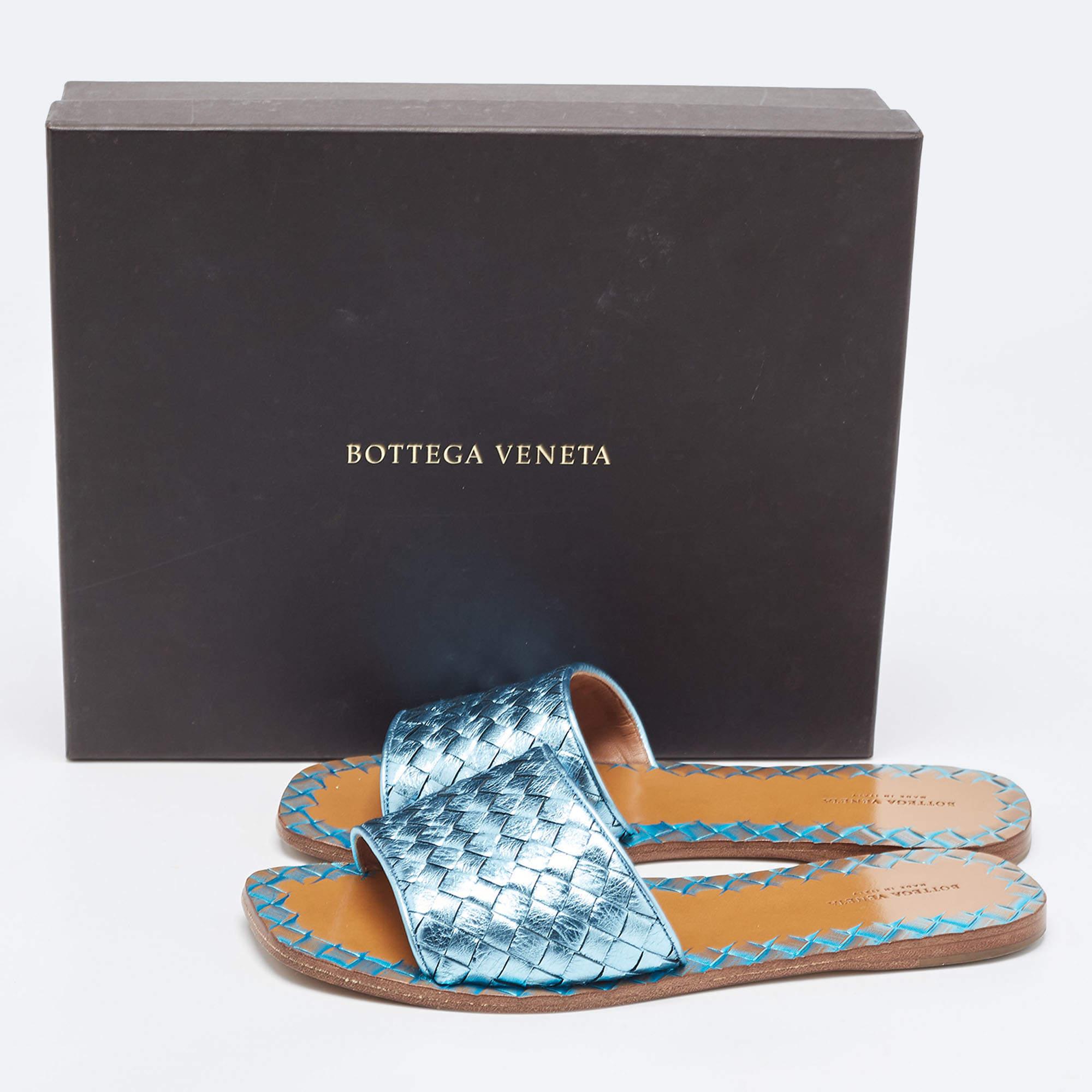 Bottega Veneta Metallic Blue Leather Flat Slides Size 38.5 1