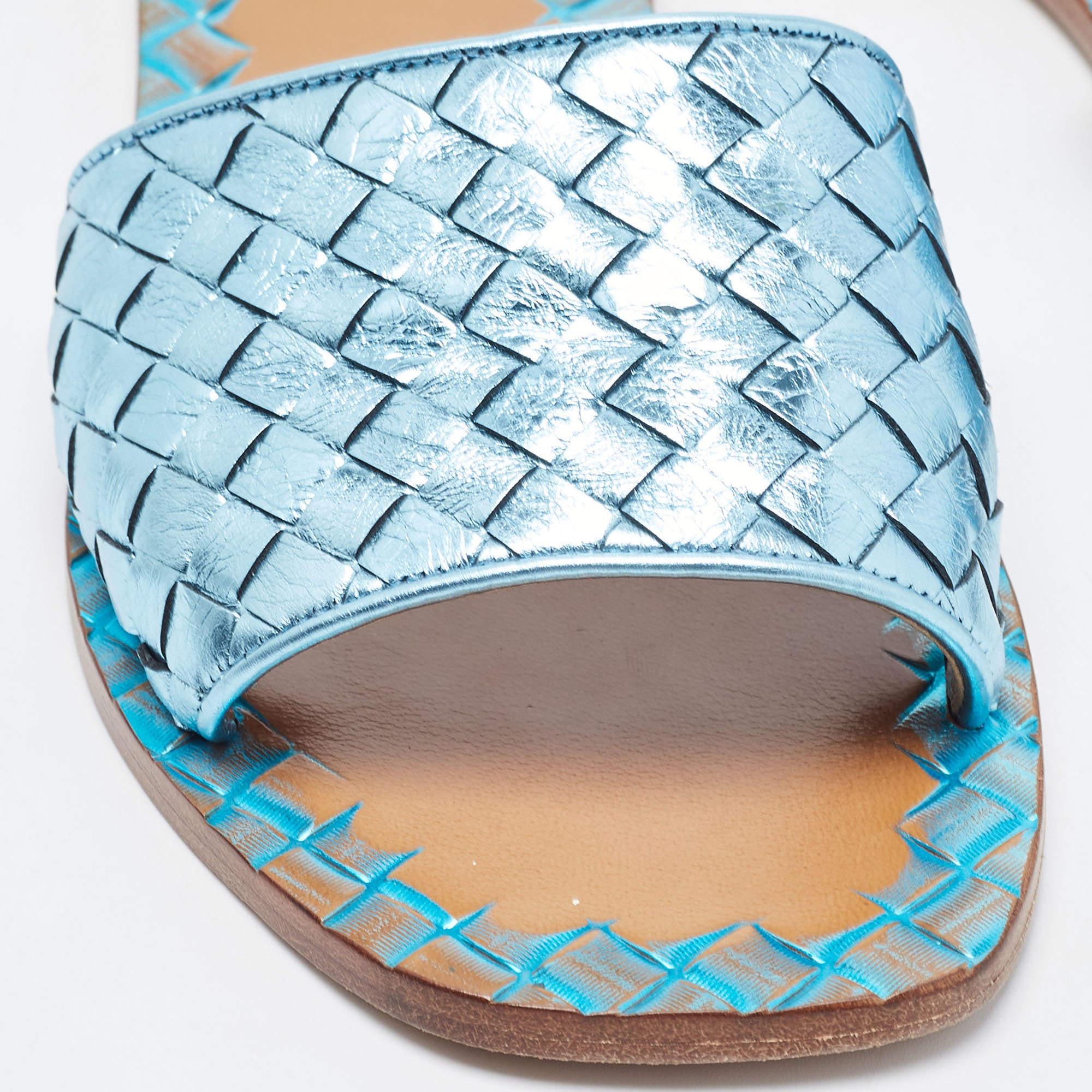 Bottega Veneta Metallic Blue Leather Flat Slides Size 38.5 2