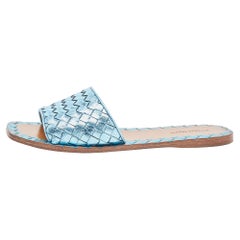 Bottega Veneta Metallic Blue Leather Flat Slides Size 38.5