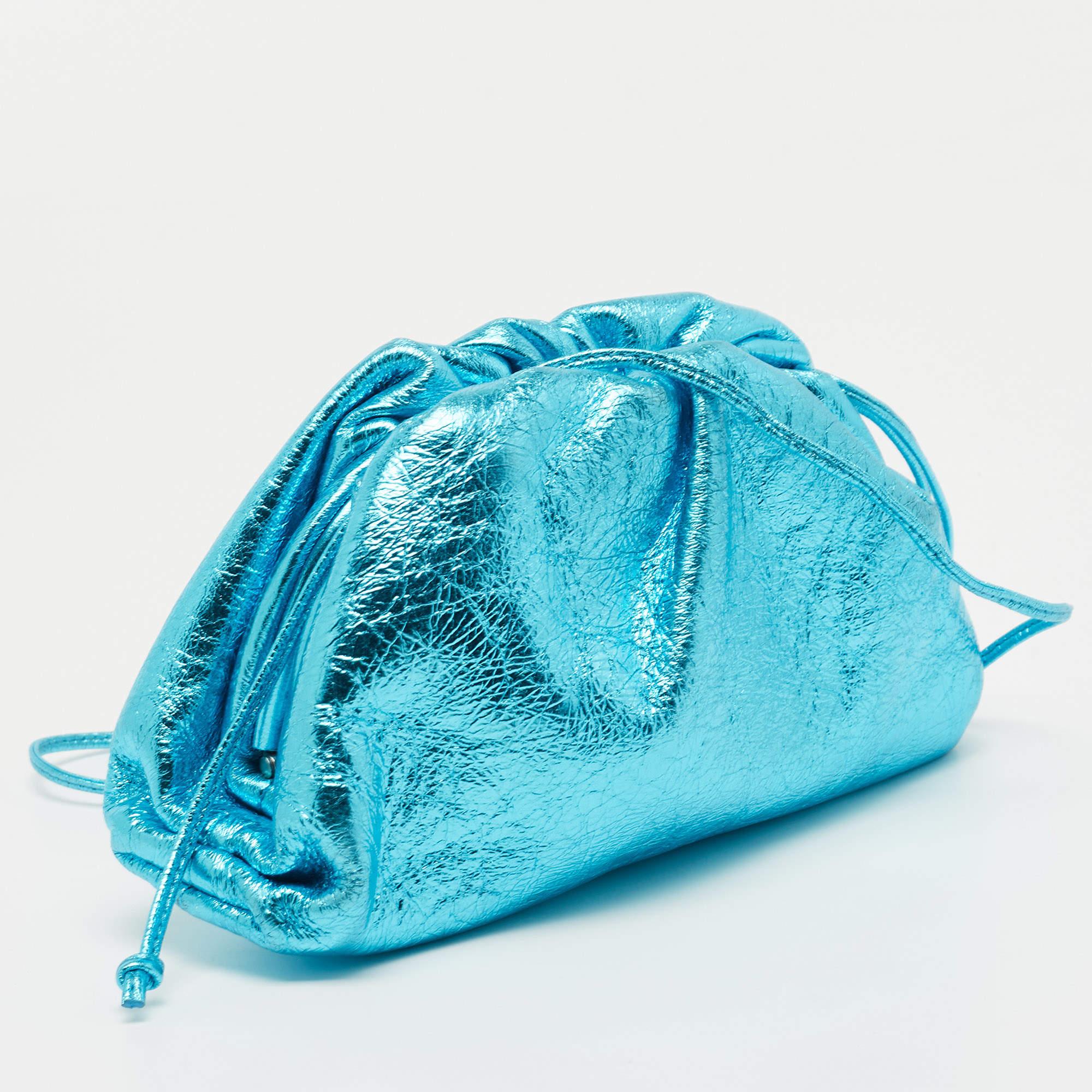 Bottega Veneta Metallic Blue Leather Mini The Pouch Bag In Good Condition In Dubai, Al Qouz 2