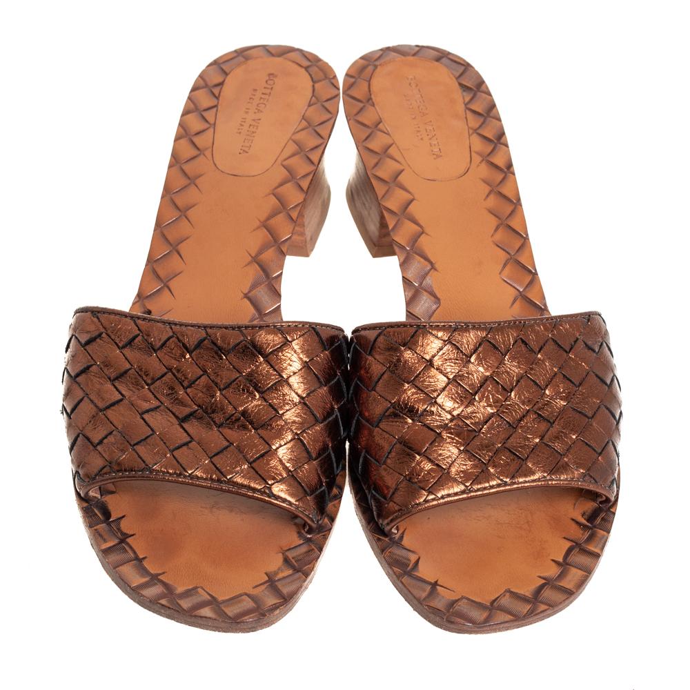 Brown Bottega Veneta Metallic Bronze Intrecciato Leather Ravello Slide Sandals Size 40