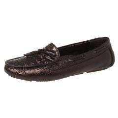 Bottega Veneta Metallic Brown Intrecciato Leather Bow Slip On Loafers Size 38.5