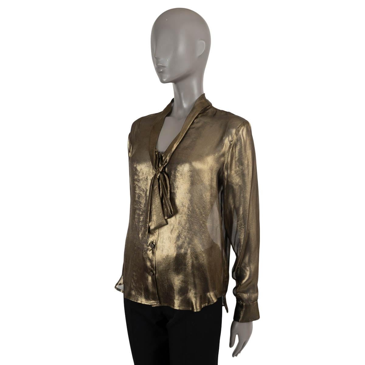 100% authentic Bottega Veneta pussy-bow blouse in gold lurex. Closes with buttons on the front. New with tag.

2012 Pre-Fall

Measurements
Tag Size	40
Size	S
Shoulder Width	433cm (168.9in)
Bust From	102cm (39.8in)
Waist From	100cm (39in)
Hips