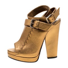Bottega Veneta Metallic Gold Intrecciato Detail Buckle Peep Toe Sandals 38