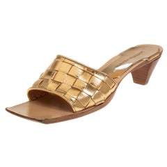 Bottega Veneta Metallic Gold Intrecciato Leather Stretch Square Toe Slide Sandal