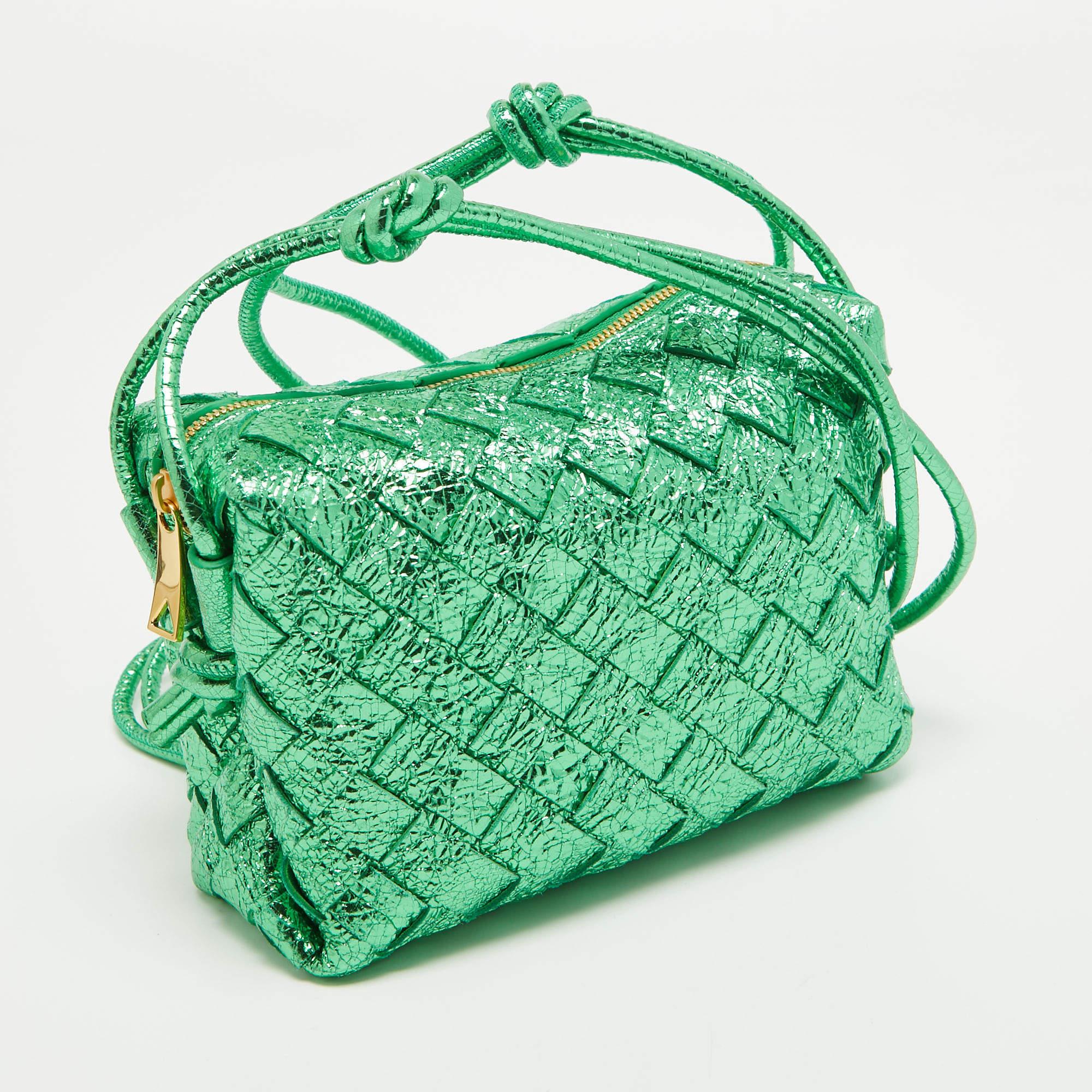 Bottega Veneta Metallic Green Intrecciato Leather Mini Loop Camera Bag In New Condition In Dubai, Al Qouz 2