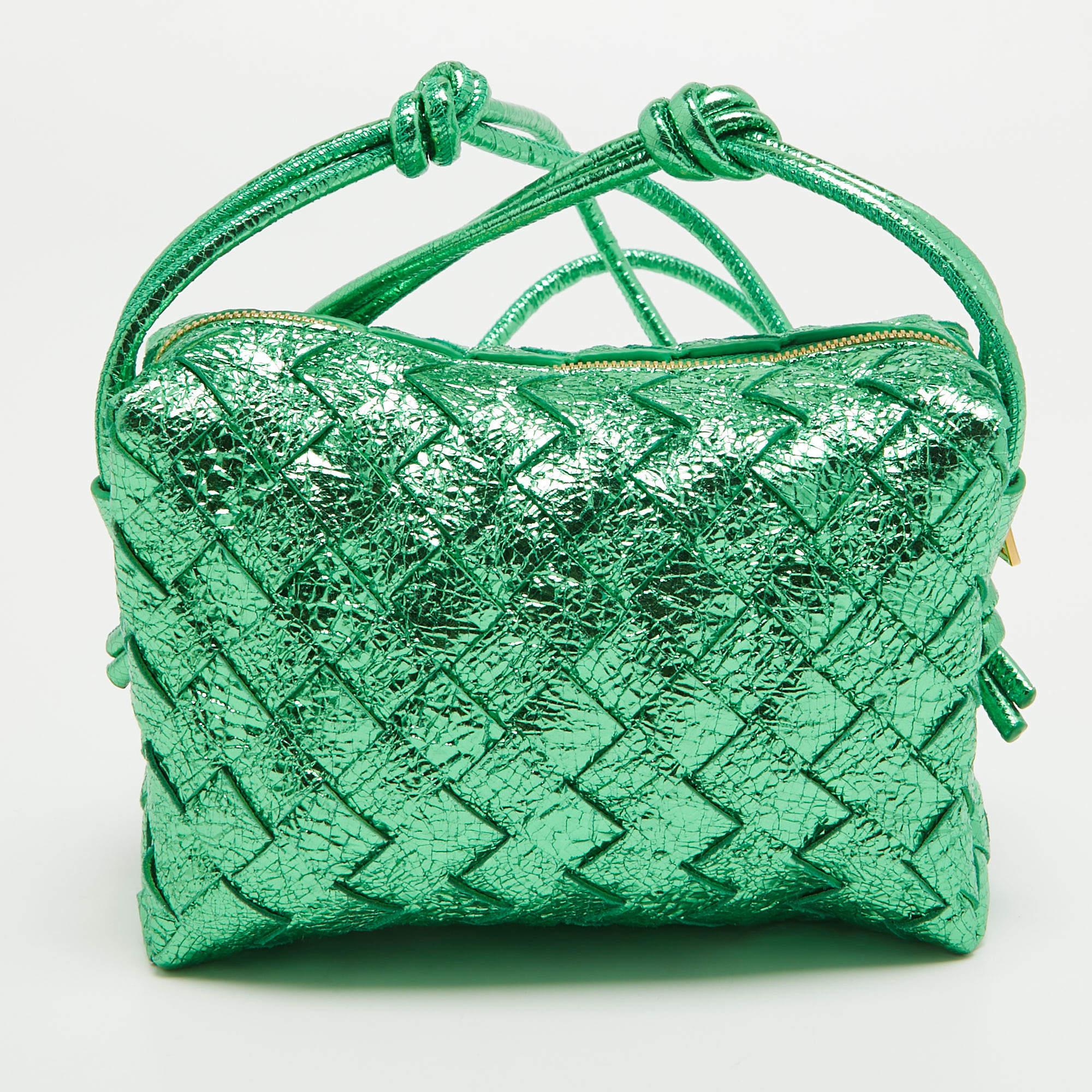 Women's Bottega Veneta Metallic Green Intrecciato Leather Mini Loop Camera Bag
