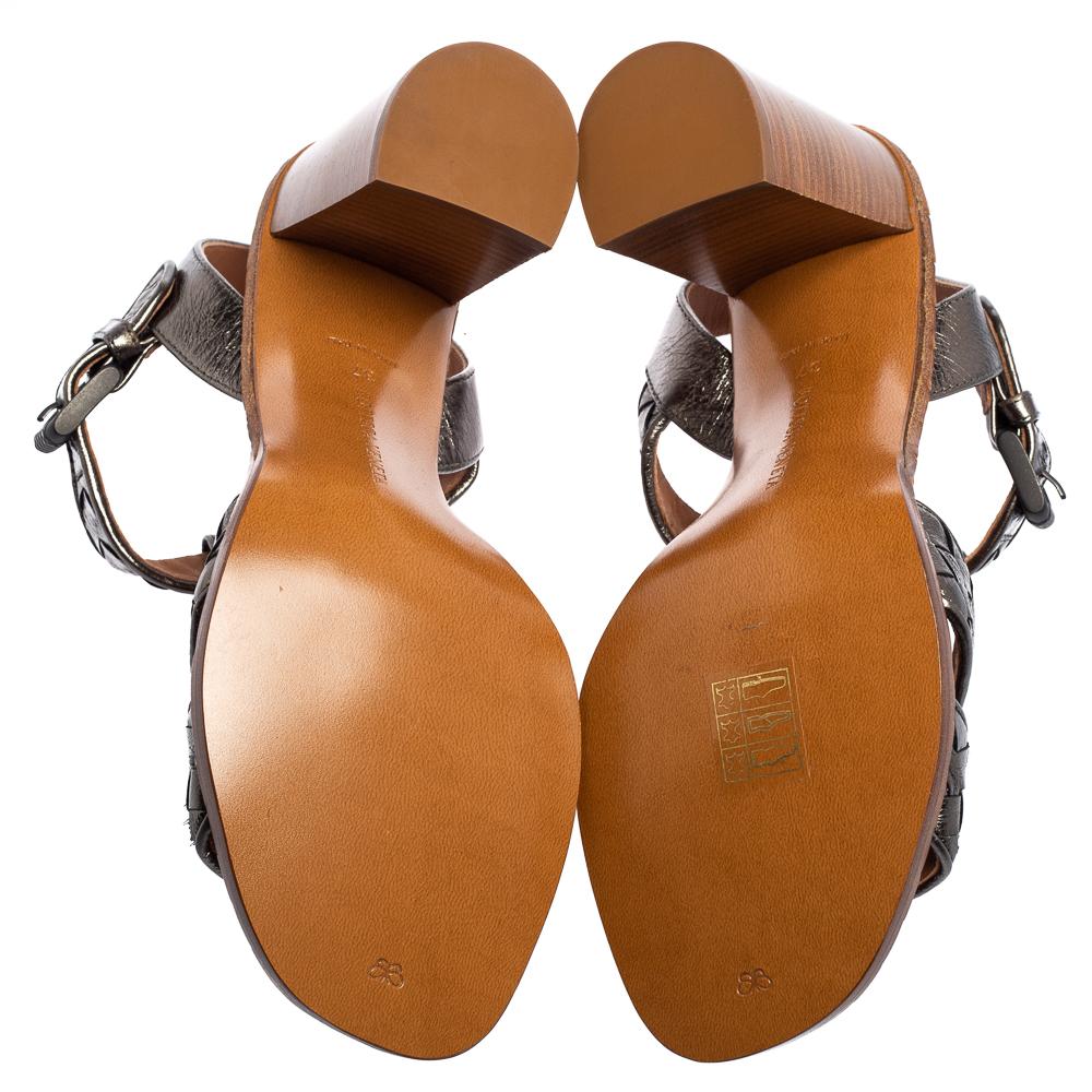 Brown Bottega Veneta Metallic Grey Intrecciato Leather Block Heel Sandals Size 37