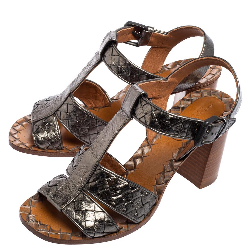 Bottega Veneta Metallic Grey Intrecciato Leather Block Heel Sandals Size 37 1