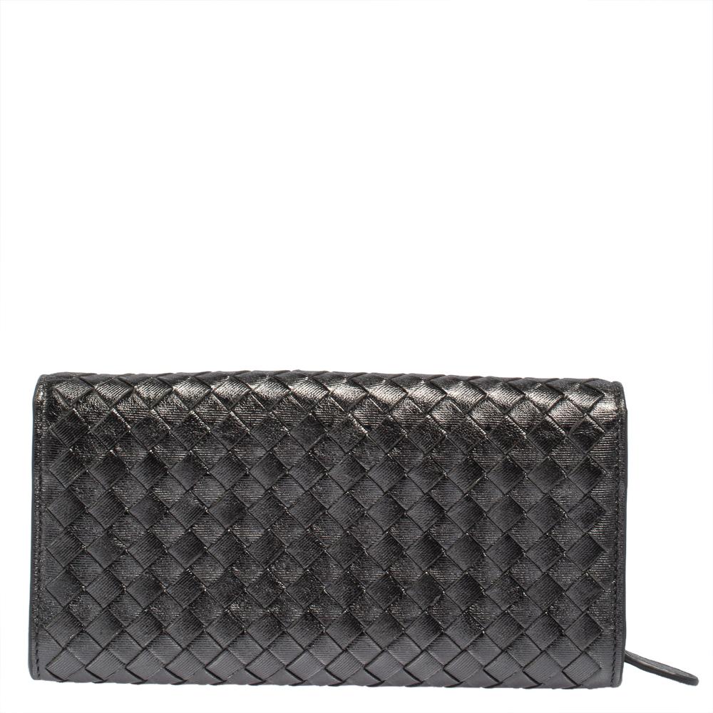 Black Bottega Veneta Metallic Grey Intrecciato Leather Flap Continental Wallet