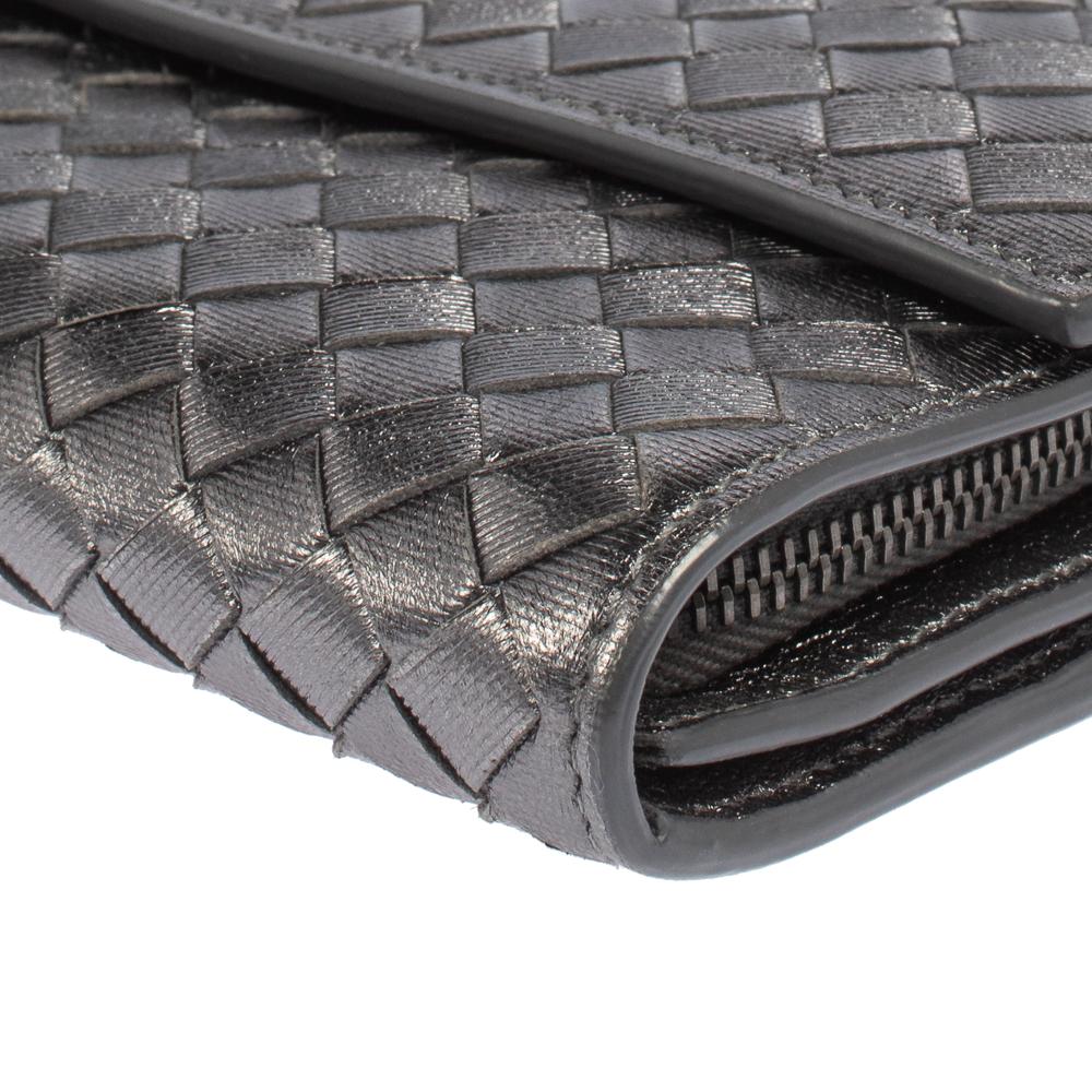 Bottega Veneta Metallic Grey Intrecciato Leather Flap Continental Wallet 2