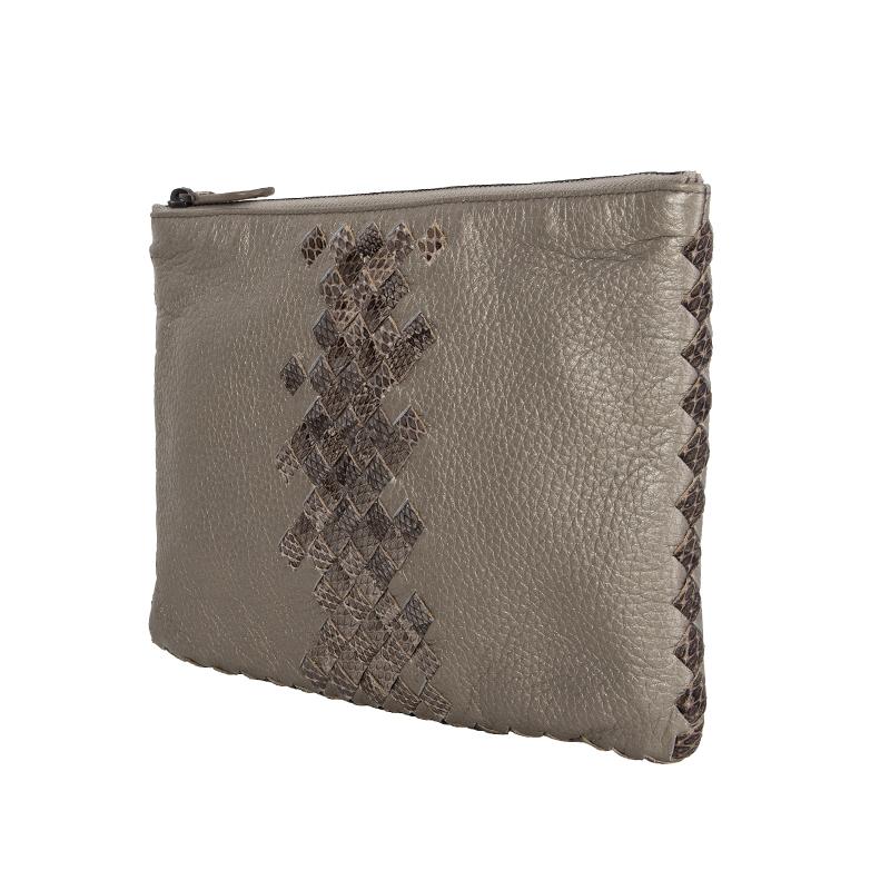 Bottega Veneta Intrecciato snakeskin pouch in meatllic grey with grey, taupe and black snakeskin details. Lined in taupe canvas. Brand new. Comes with dust bag.

Height 15cm (5.9in)
Width 22cm (8.6in)
Depth 1cm (0.4in)
Blindstamp BO1300870F