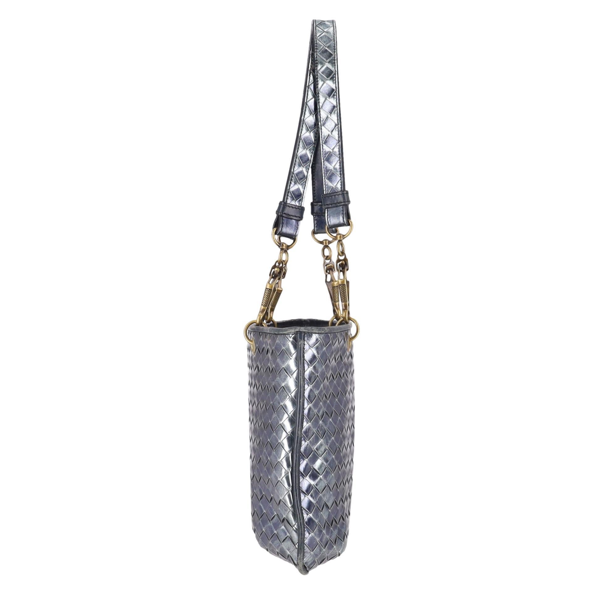 Gray Bottega Veneta Metallic Intrecciato Leather Tote Bag For Sale
