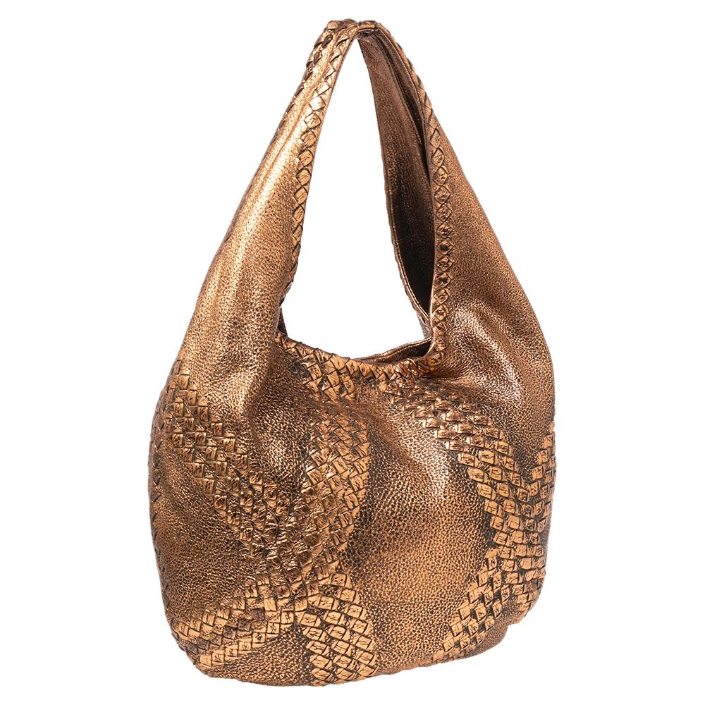 Brown Bottega Veneta Metallic Rose Gold Leather Cervo Hobo