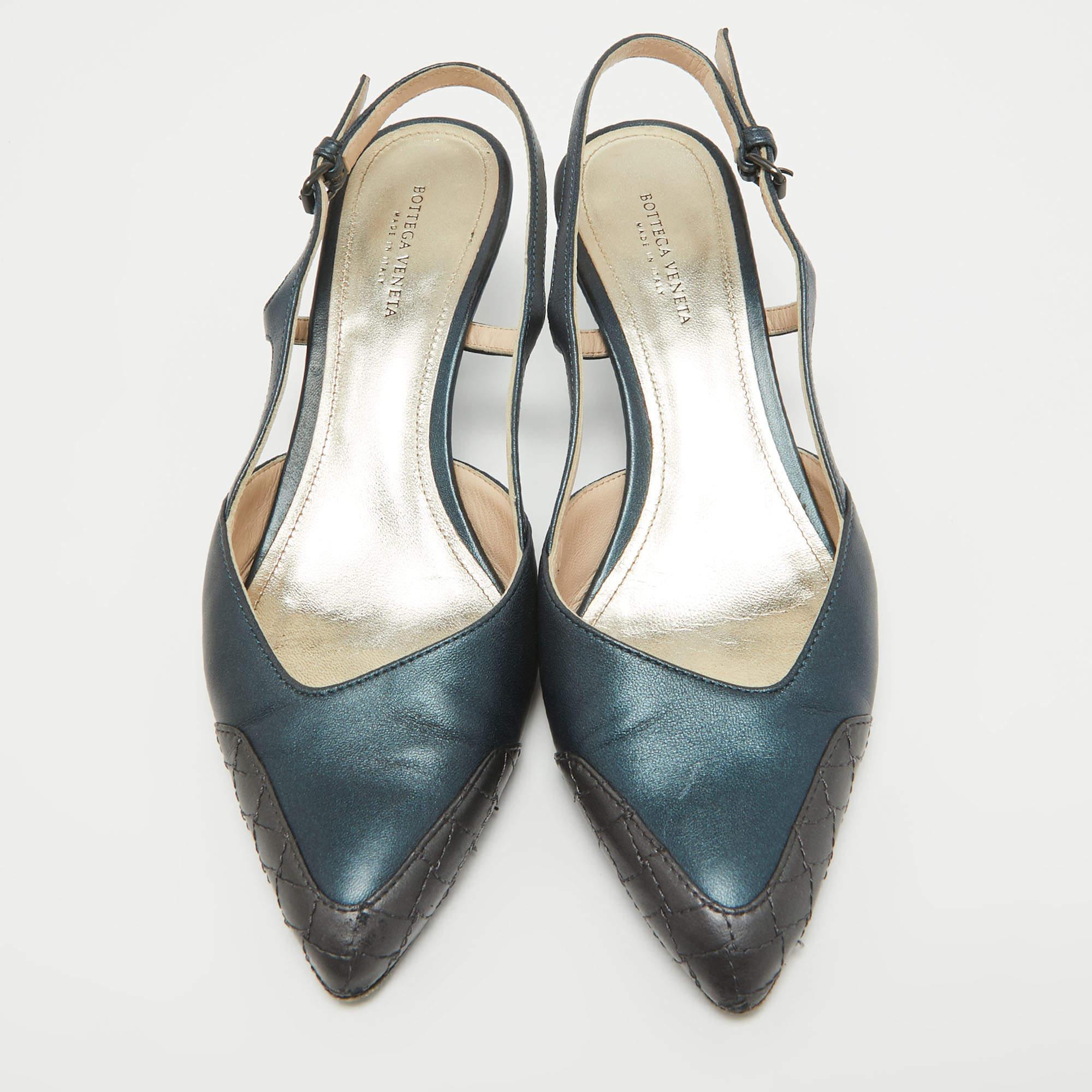 Gray Bottega Veneta Metallic Two Tone Leather Slingback Pumps Size 37