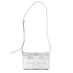 Bottega Veneta Mettalic Silver Leather Intreccio Cassette Crossbody Bag