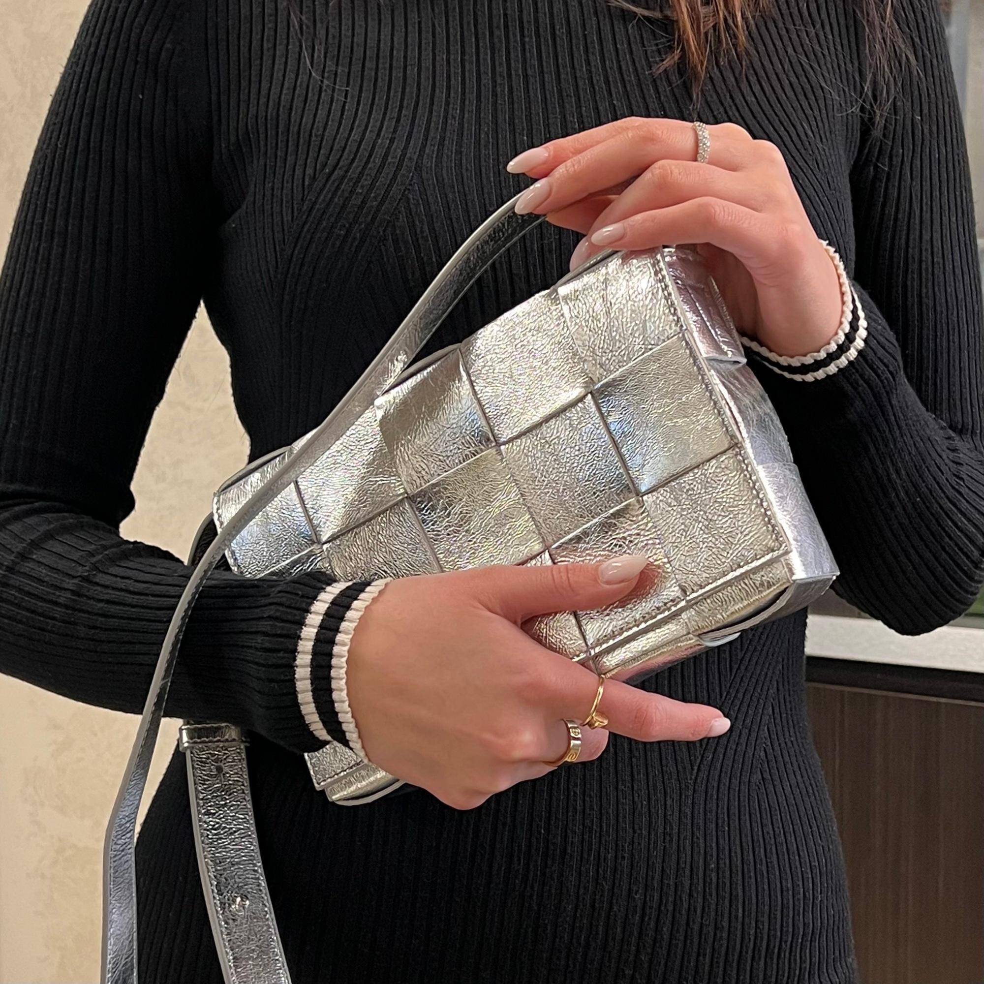 Women's Bottega Veneta Mettalic Silver Leather Intreccio Cassette Crossbody Bag