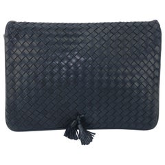 Retro Bottega Veneta Midnight Blue Leather Intrecciato Clutch Handbag