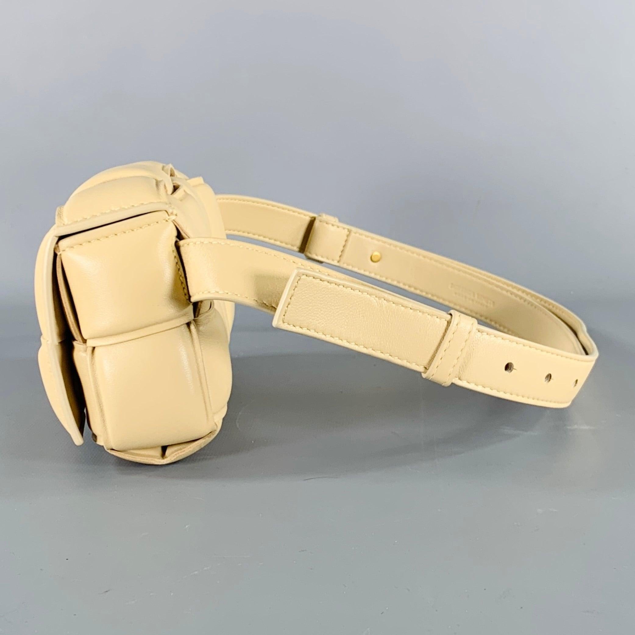 BOTTEGA VENETA Mini Cassette Tan Woven Leather Waist Bag In Excellent Condition In San Francisco, CA