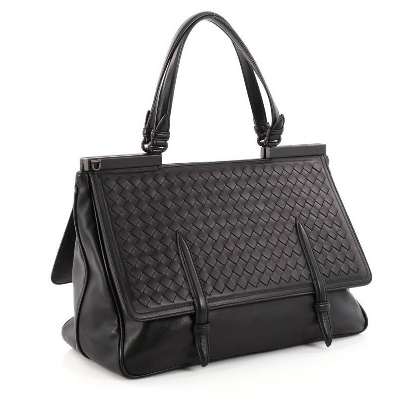 Black Bottega Veneta Monaco Convertible Satchel Leather with Intrecciato Detail Medium