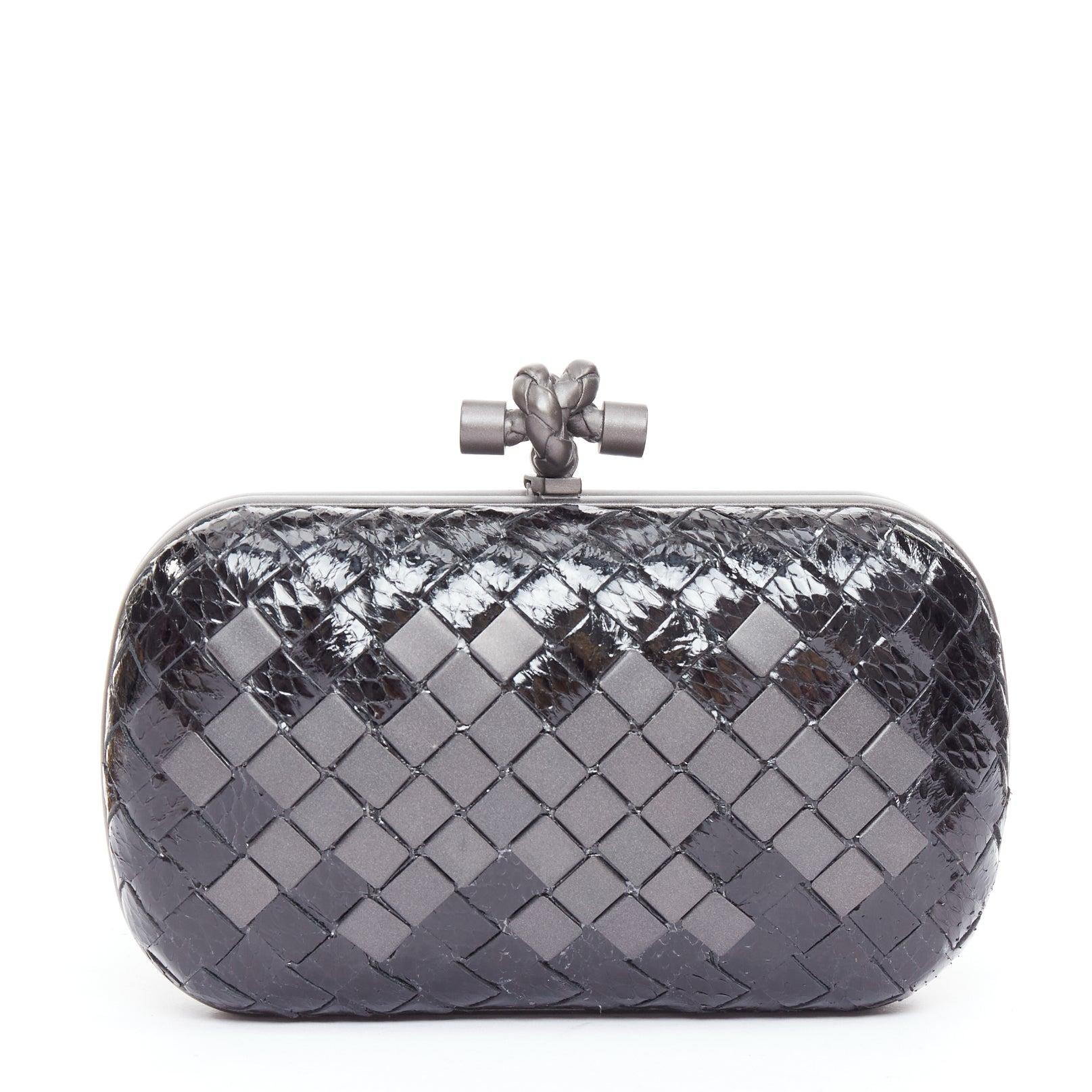 Women's BOTTEGA VENETA Mosaique Box Knot ayers leather intrecciato woven metal clutch For Sale