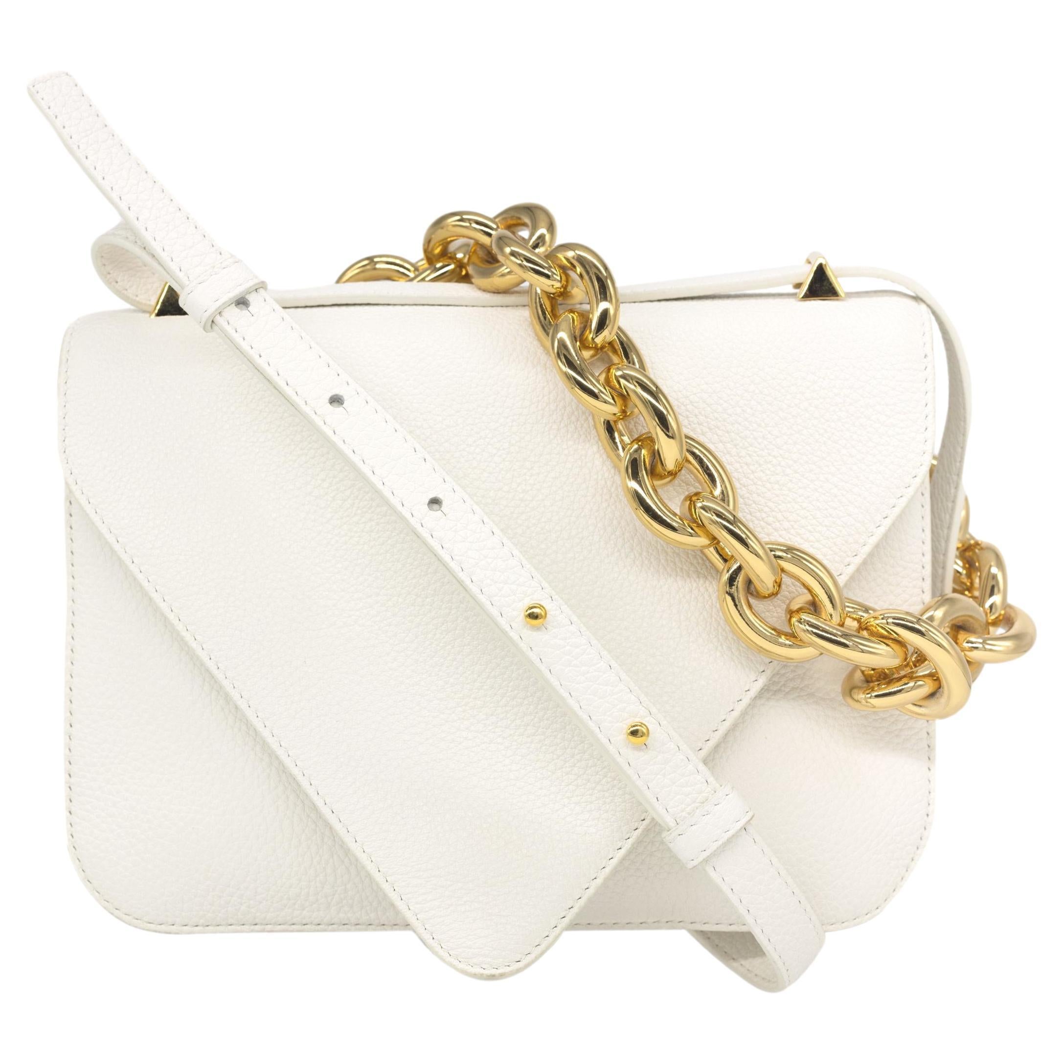 Bottega Veneta Mount Envelope Small White Leather Top Handle Crossbody Bag, 2021. This contemporary piece of fashion was introduced for the Fall 2021 