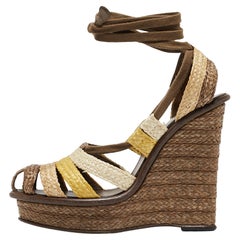 Bottega Veneta Multicolor Raffia Platform Ankle Wrap Wedge Sandals Size 39