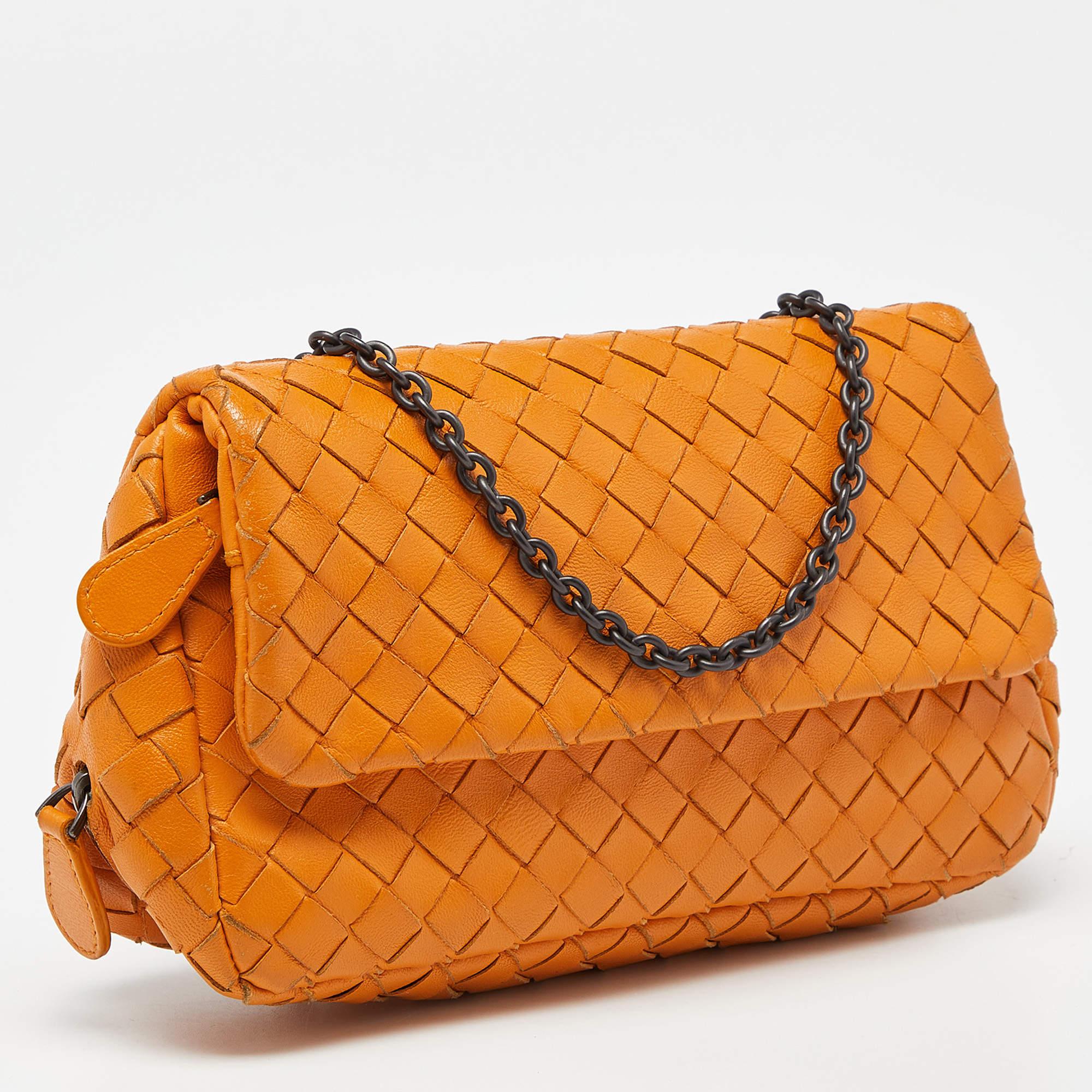 Bottega Veneta Mustard Intrecciato Leather Flap Chain Bag For Sale 1