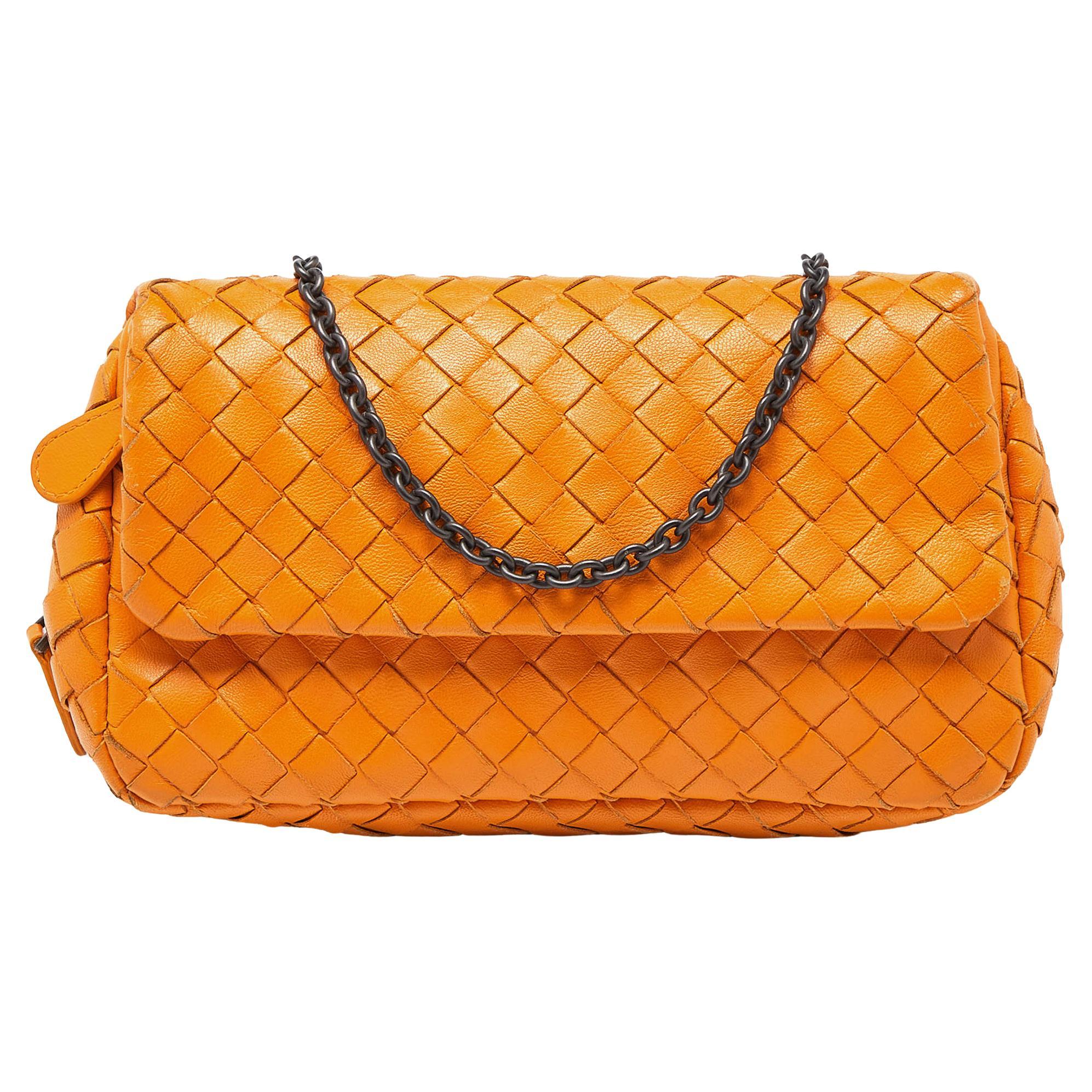 Bottega Veneta Mustard Intrecciato Leather Flap Chain Bag For Sale