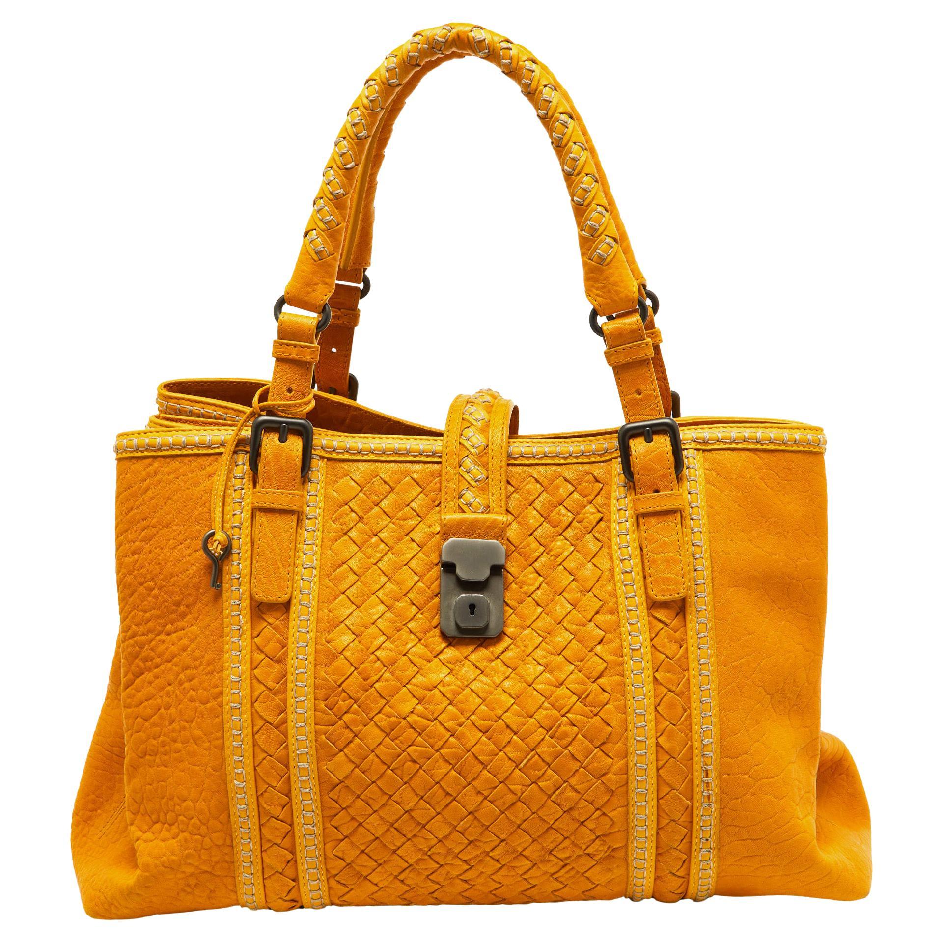 Bottega Veneta Mustard Intrecciato Leather Large Roma Stitch Tote