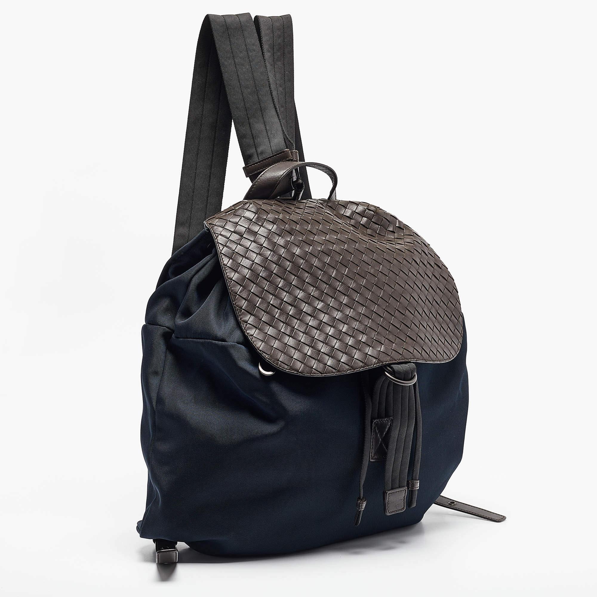 Black Bottega Veneta Navy Blue/Brown Intrecciato Leather and Nylon Flap Backpack