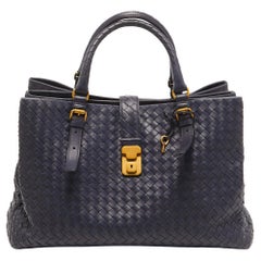 Bottega Veneta Navy Blue Intrecciato Leather Medium Roma Tote