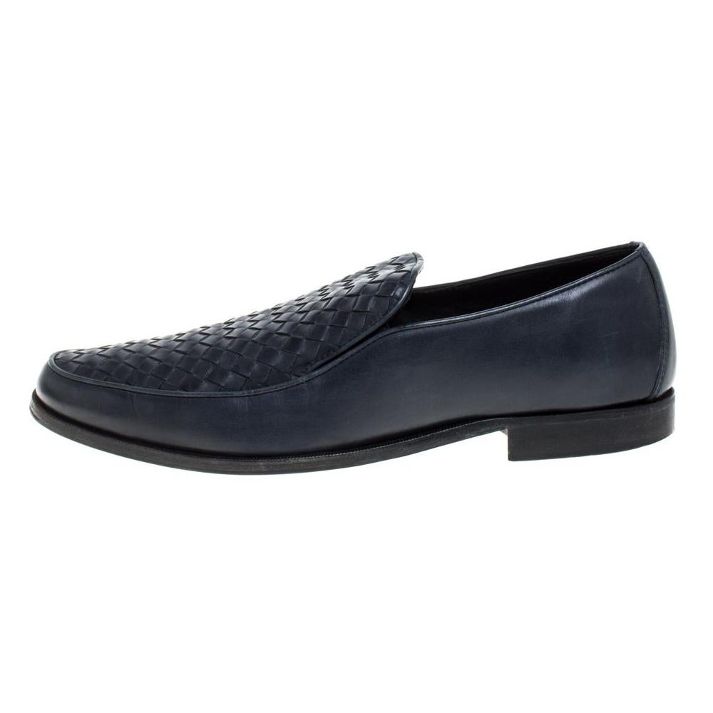 Bottega Veneta Navy Blue Intrecciato Leather Slip On Loafers SIZE 44.5