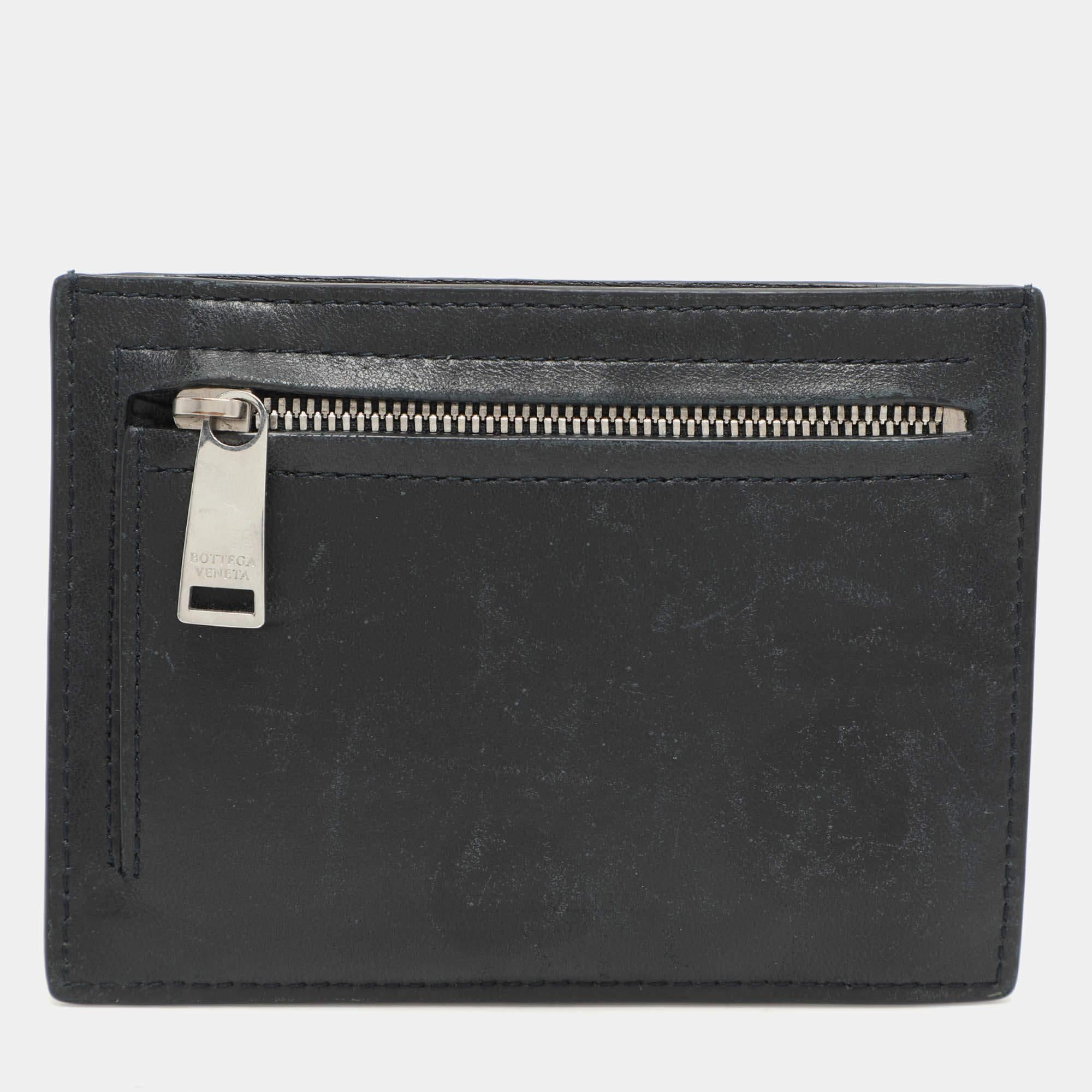Men's Bottega Veneta Navy Blue Leather Intrecciato Card Holder For Sale