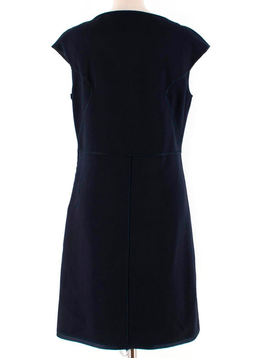 Bottega Veneta Navy Fitted Dress

-Navy dress with exposed stitching 
-Fitted around the bust and waist
-Side zip closure
-Sleeveless
-Knee length 

Please note, these items are pre-owned and may show signs of being stored even when unworn and